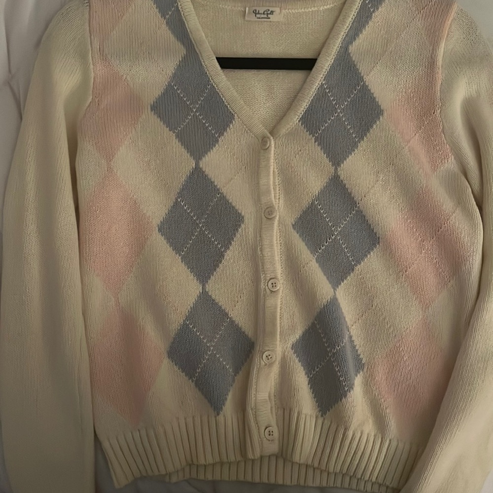 Pink, blue and white argyle sweater